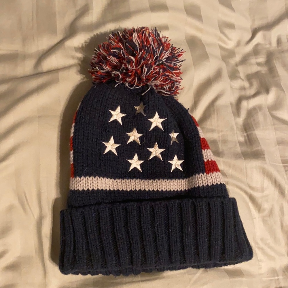 Super Cute American Flag Ski Beanie with big Red Off White and Blue Pom Pom